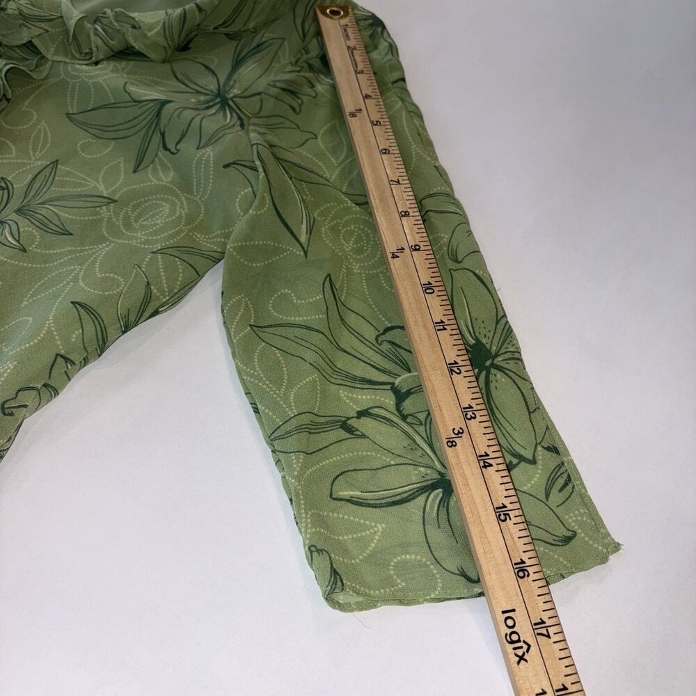 Papell Petites Silk Sage Green Flower Ruffle Blouse Boho Romantic Fairy Sheer - Picture 7 of 10